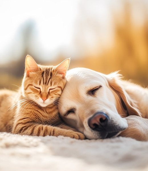 Heathy and sleepy cat and dog resting together on a rug.