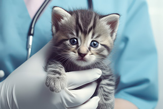 Curious kitten being held by the veterinarian with exam gloves on.