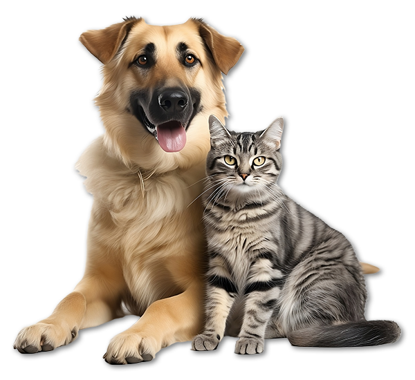 Healthy German Shepherd and a Calico Cat sitting together.